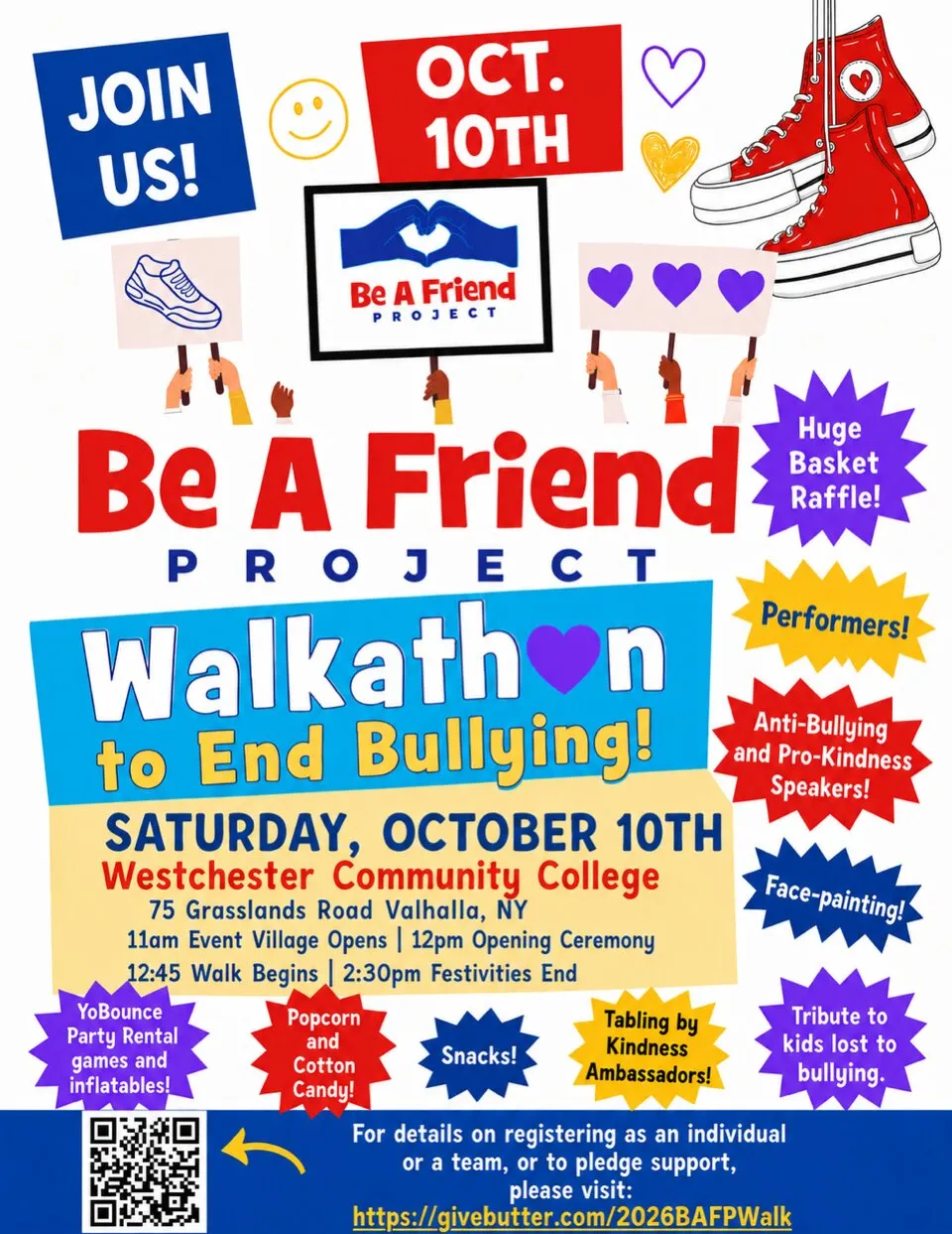Be A Friend Project flyer for the completed Walkathon to End Bullying, held Saturday, October 10, 2026, at Westchester Community College, 75 Grasslands Road, Valhalla, NY.
