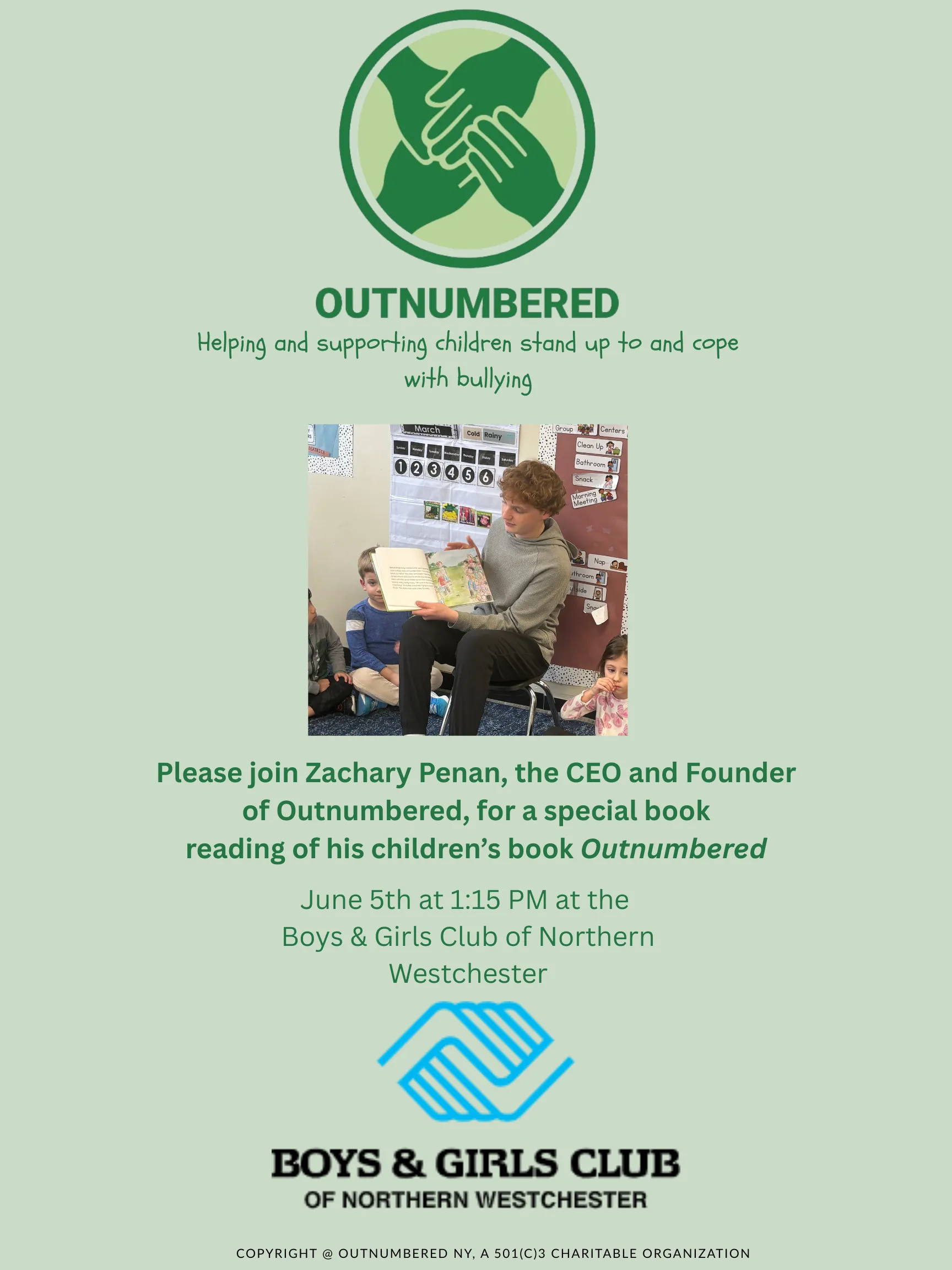 Outnumbered flyer inviting guests to join Zachary Penan for a special reading of his children’s book Outnumbered on June 5 at 1:15 p.m. at the Boys and Girls Club of Northern Westchester.