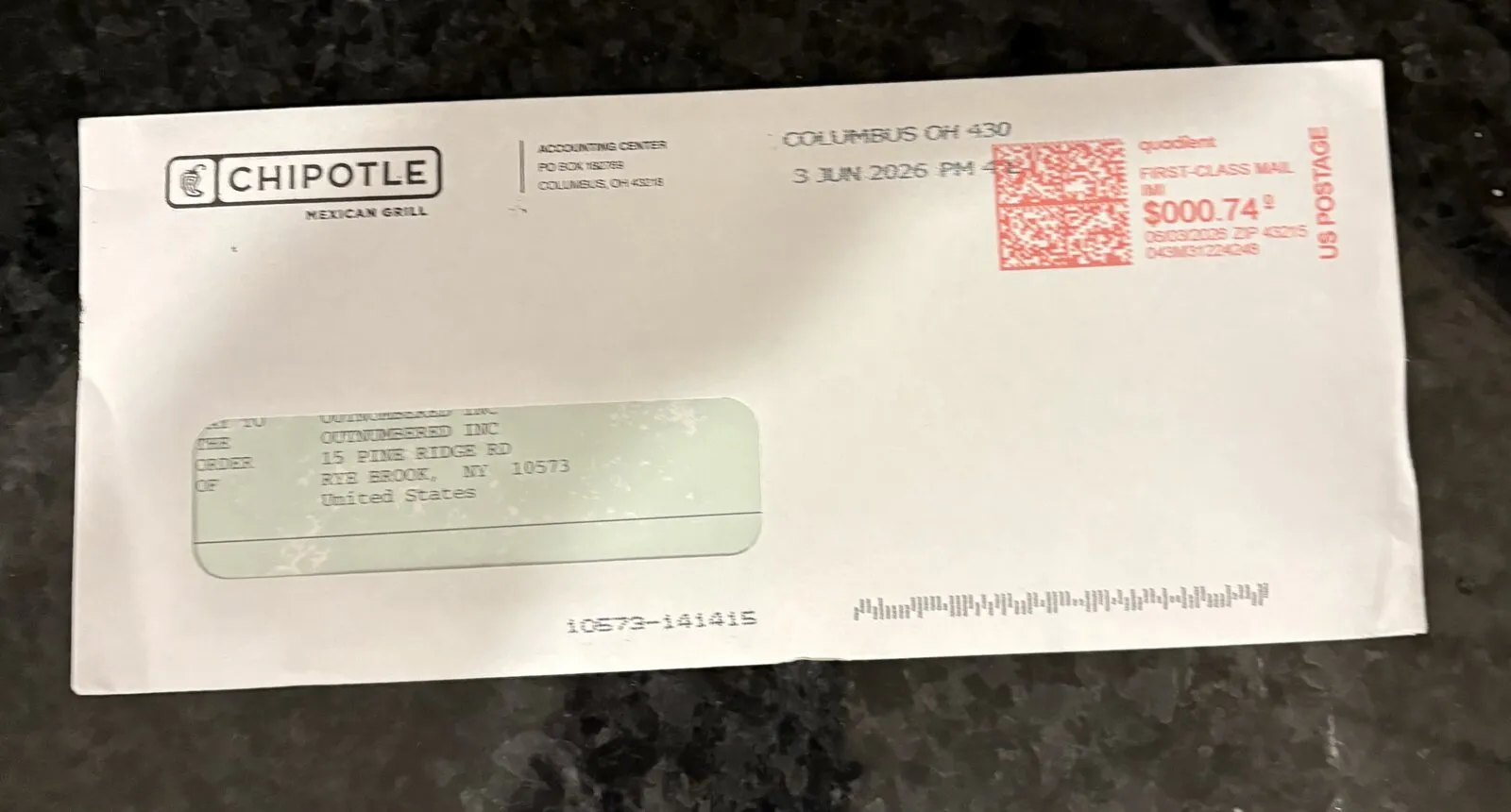 Envelope from Chipotle containing fundraiser proceeds for Outnumbered.