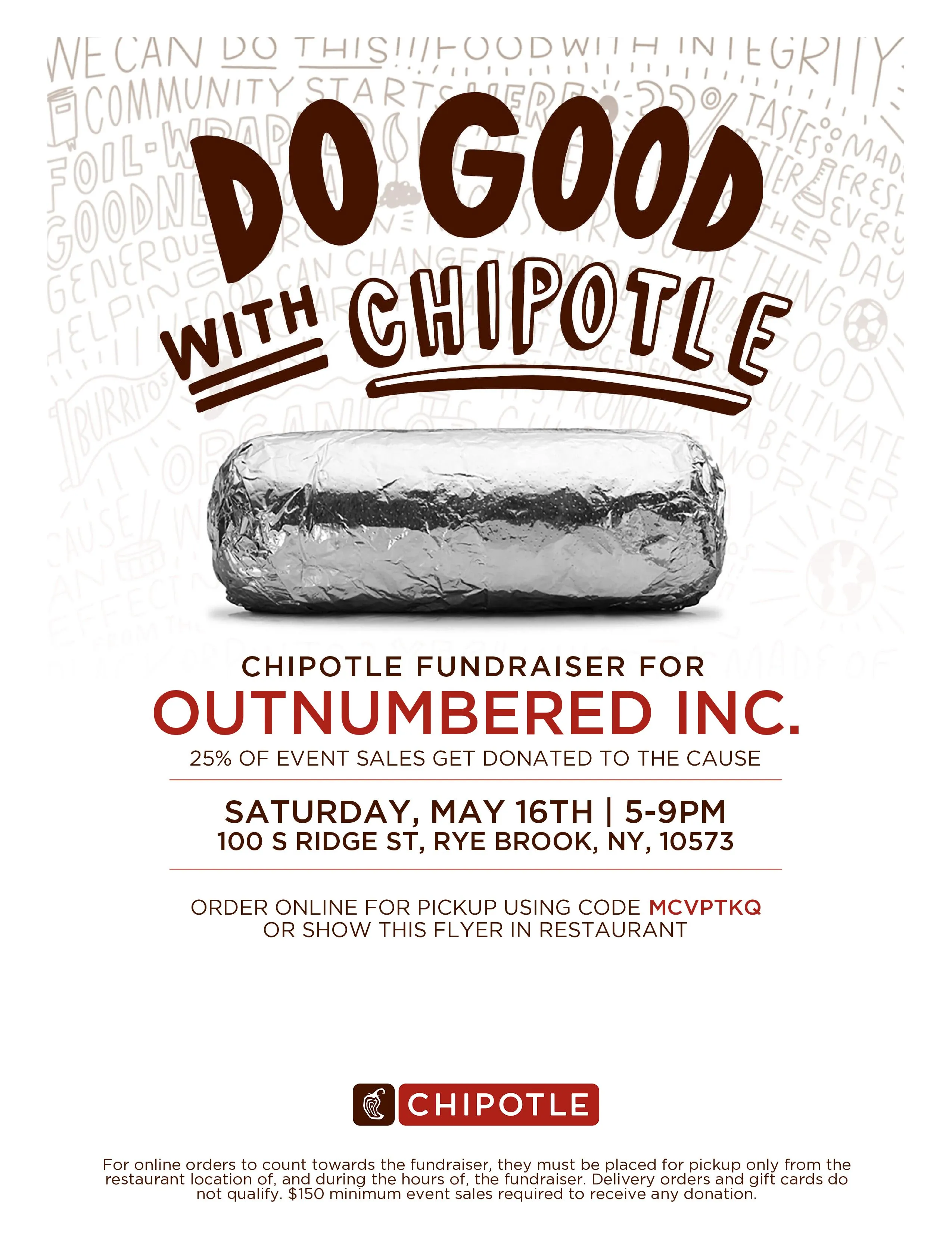 Do Good With Chipotle flyer for the completed Outnumbered Inc. fundraiser on May 16, 2026 in Rye Brook, New York.